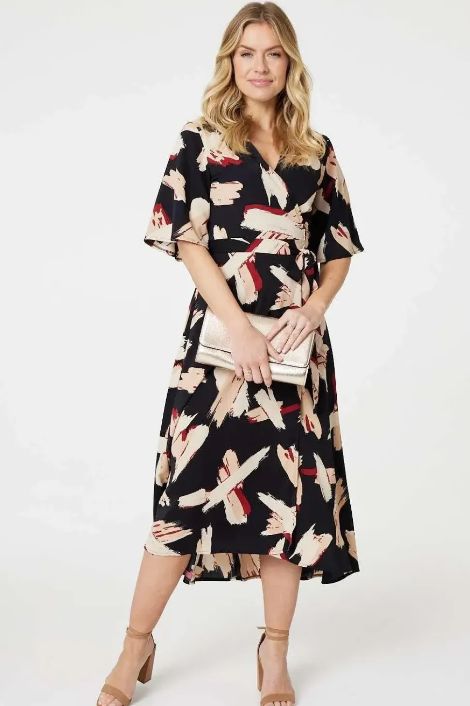 Printed 1/2 Sleeve Midi Wrap Dress