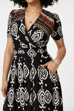 Printed 1/2 Sleeve Pleated Wrap Dress