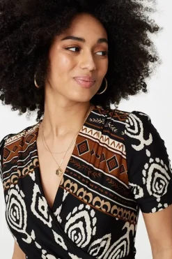 Printed 1/2 Sleeve Pleated Wrap Dress