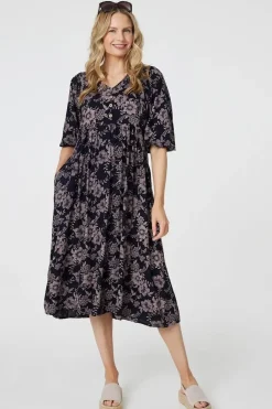 Printed 3/4 Sleeve Shirred Midi Dress