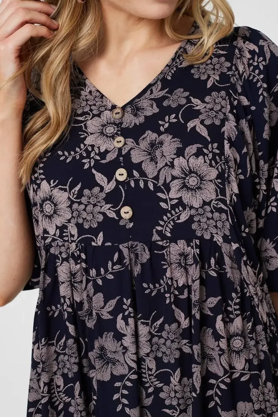 Printed 3/4 Sleeve Shirred Midi Dress