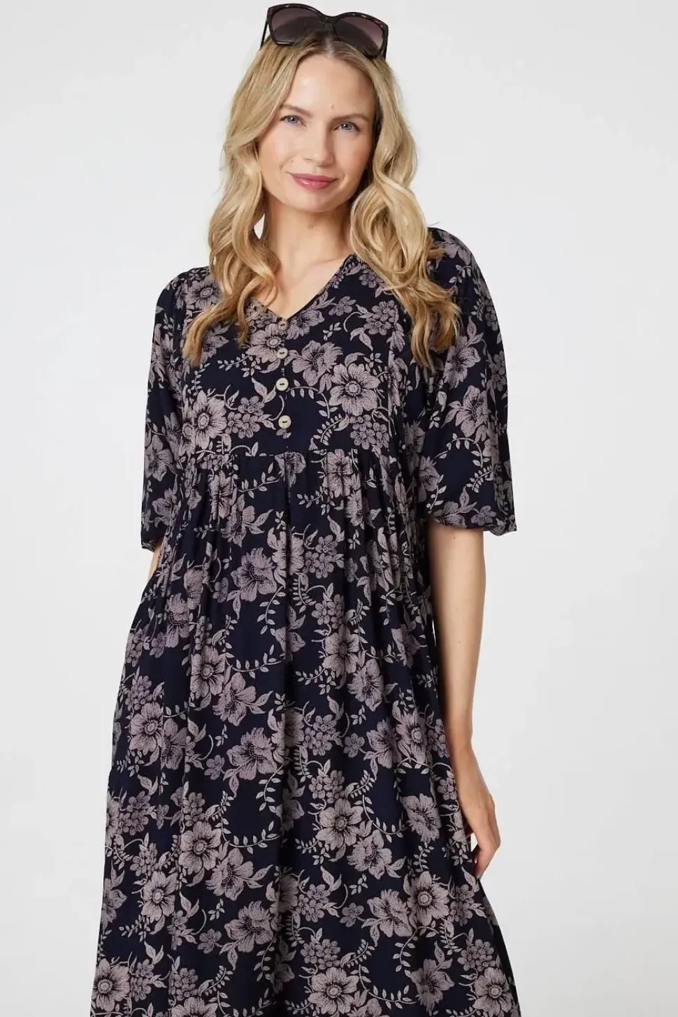 Printed 3/4 Sleeve Shirred Midi Dress