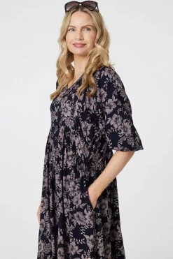 Printed 3/4 Sleeve Shirred Midi Dress