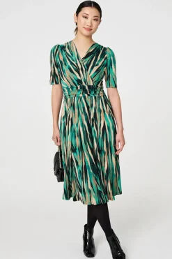 Printed 1/2 Sleeve Wrap Waist Midi Dress