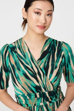 Printed 1/2 Sleeve Wrap Waist Midi Dress