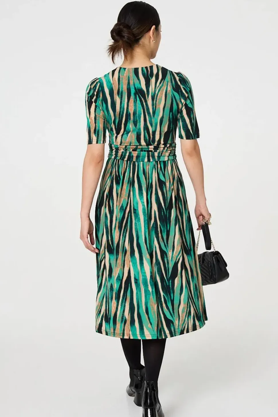 Printed 1/2 Sleeve Wrap Waist Midi Dress