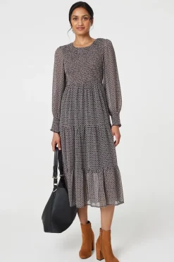 Printed Smocked Bodice Tiered Midi Dress
