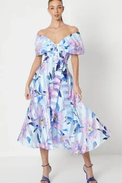Printed Stripe Organza Bardot Midi Dress