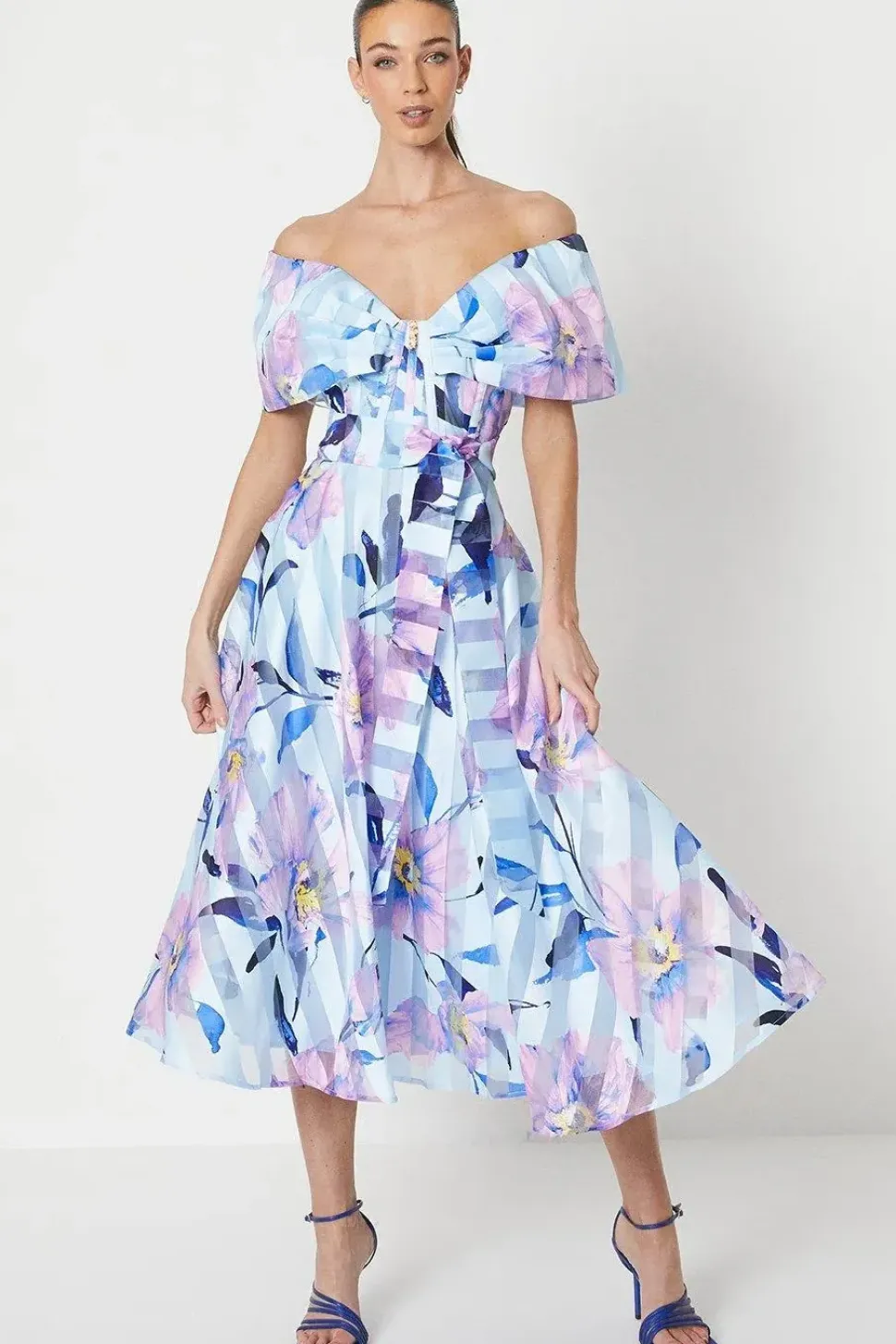 Printed Stripe Organza Bardot Midi Dress