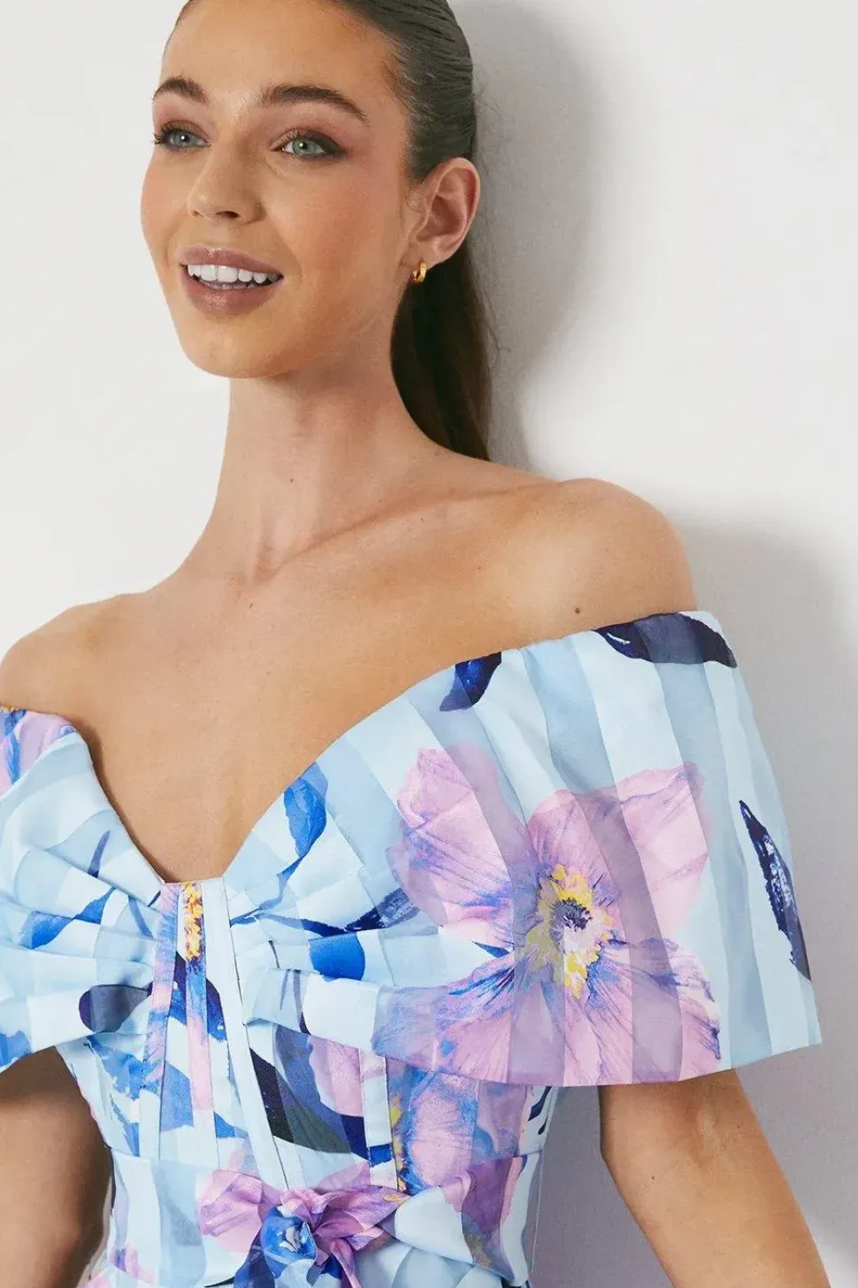 Printed Stripe Organza Bardot Midi Dress