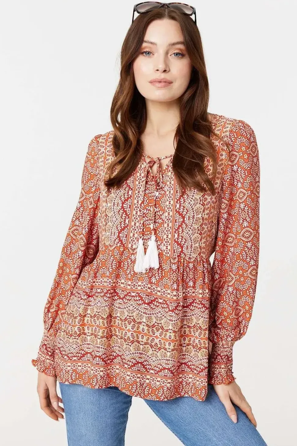Printed Tassel Drawstring Blouse