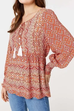 Printed Tassel Drawstring Blouse