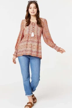 Printed Tassel Drawstring Blouse