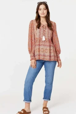 Printed Tassel Drawstring Blouse