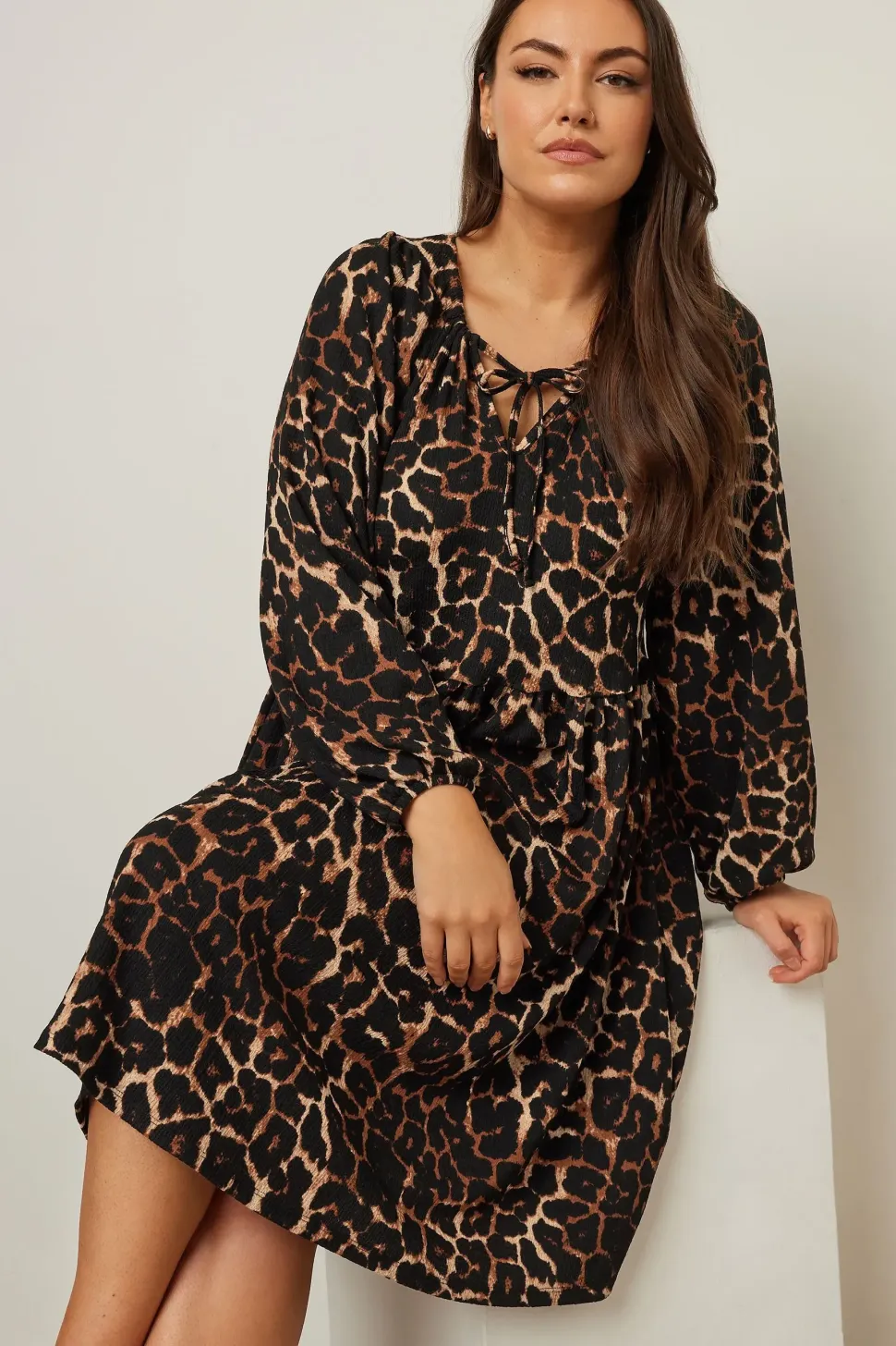 Printed Textured Tie Neck Dress