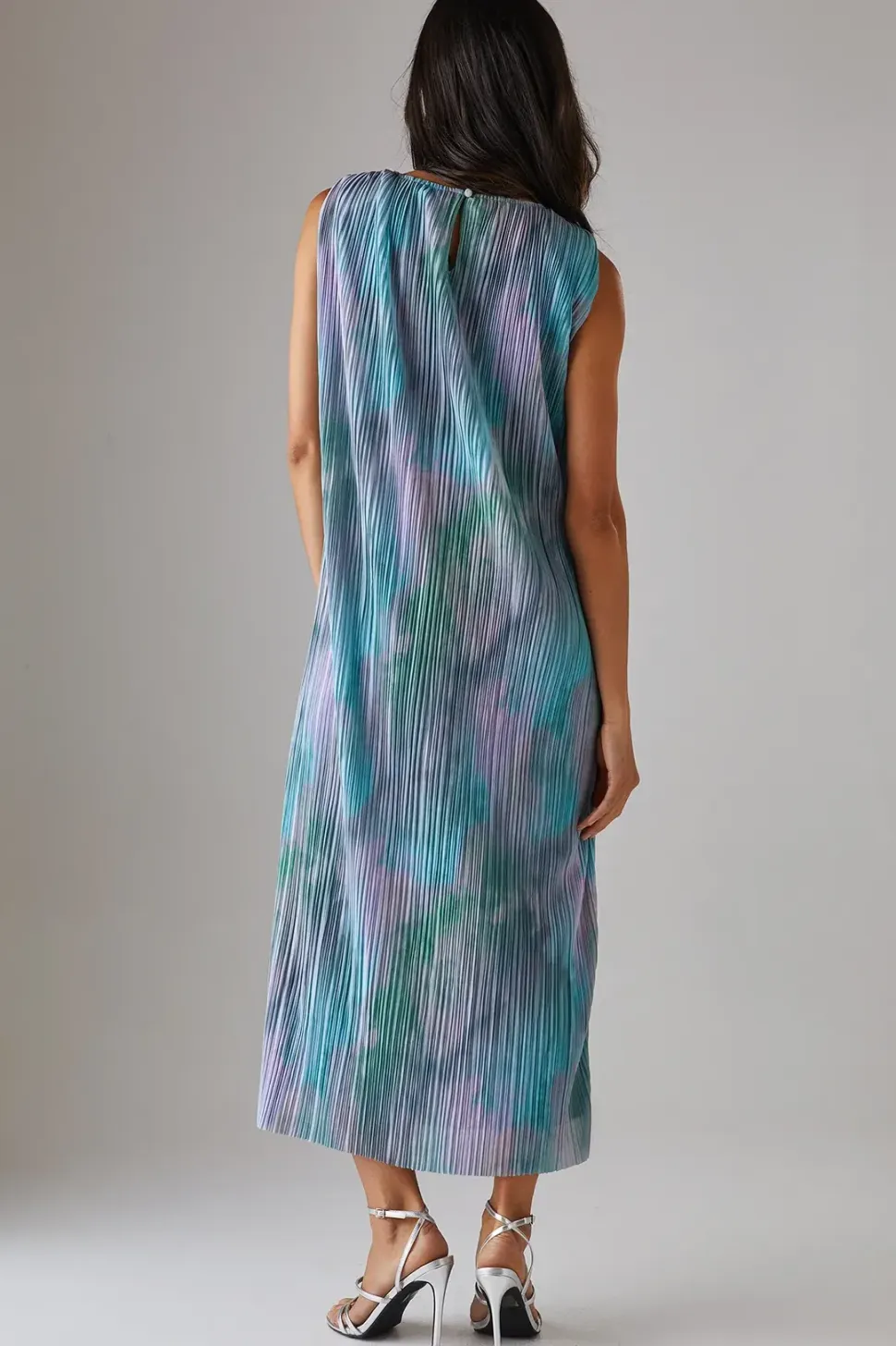 Printed Tie Dye Plisse Shoulder Pad Sleeveless Midi Dress
