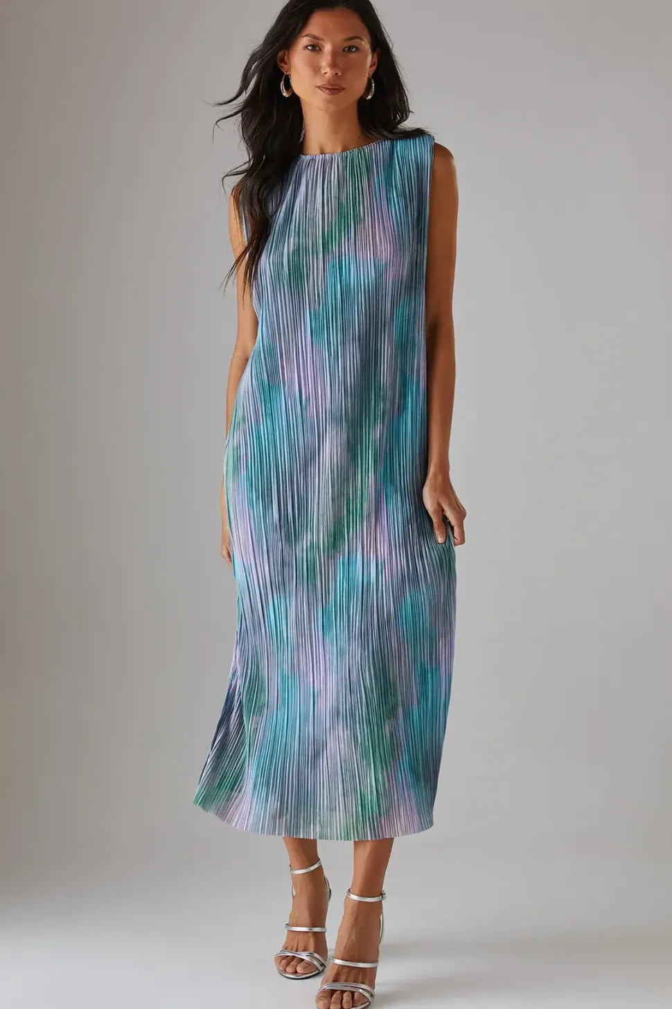 Printed Tie Dye Plisse Shoulder Pad Sleeveless Midi Dress