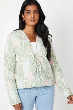 Printed Tie Front Quilted Jacket