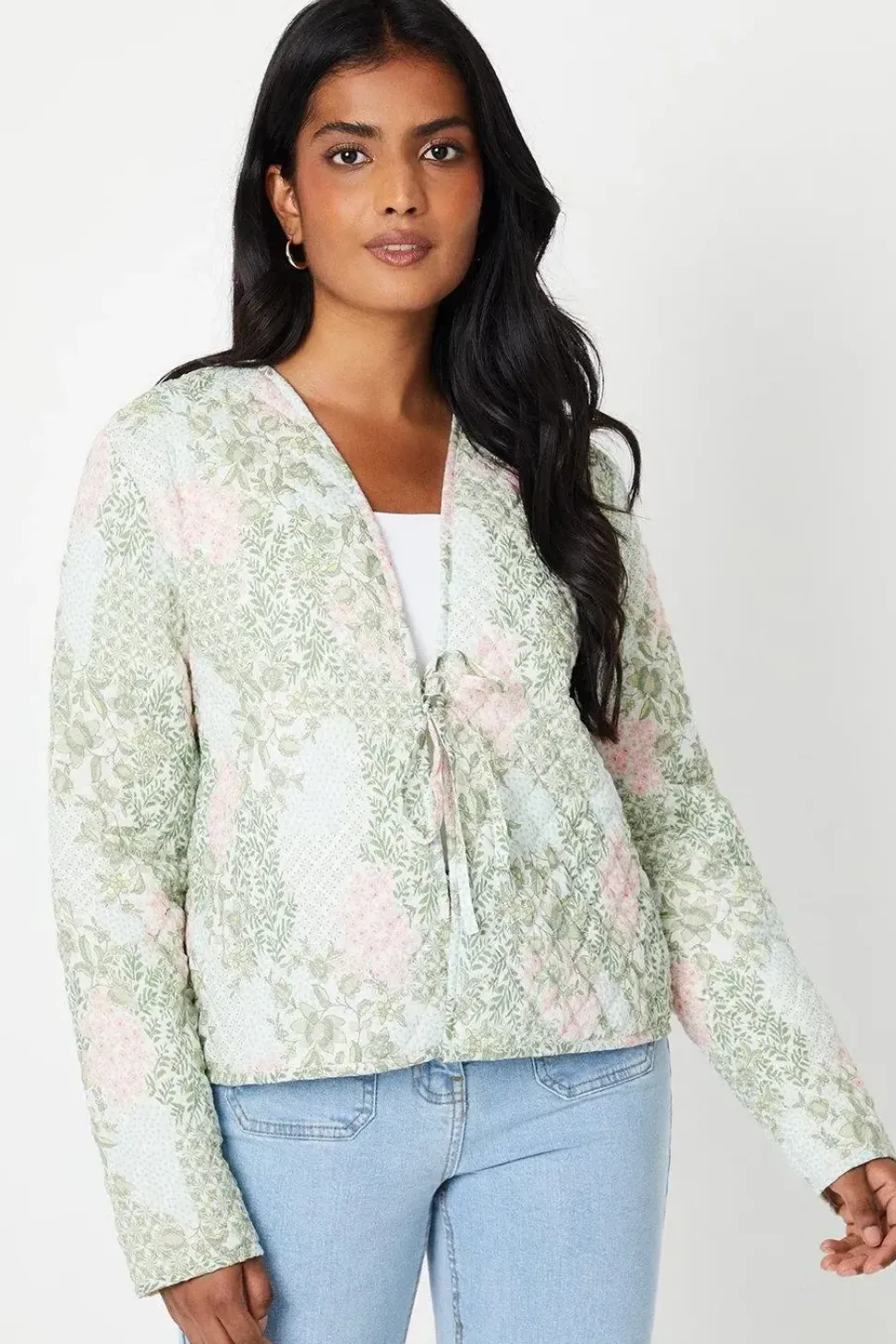 Printed Tie Front Quilted Jacket