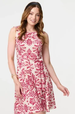 Printed Tie Waist Knee Length Skater Dress