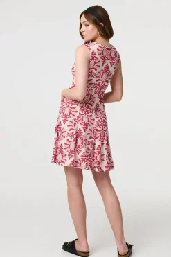 Printed Tie Waist Knee Length Skater Dress