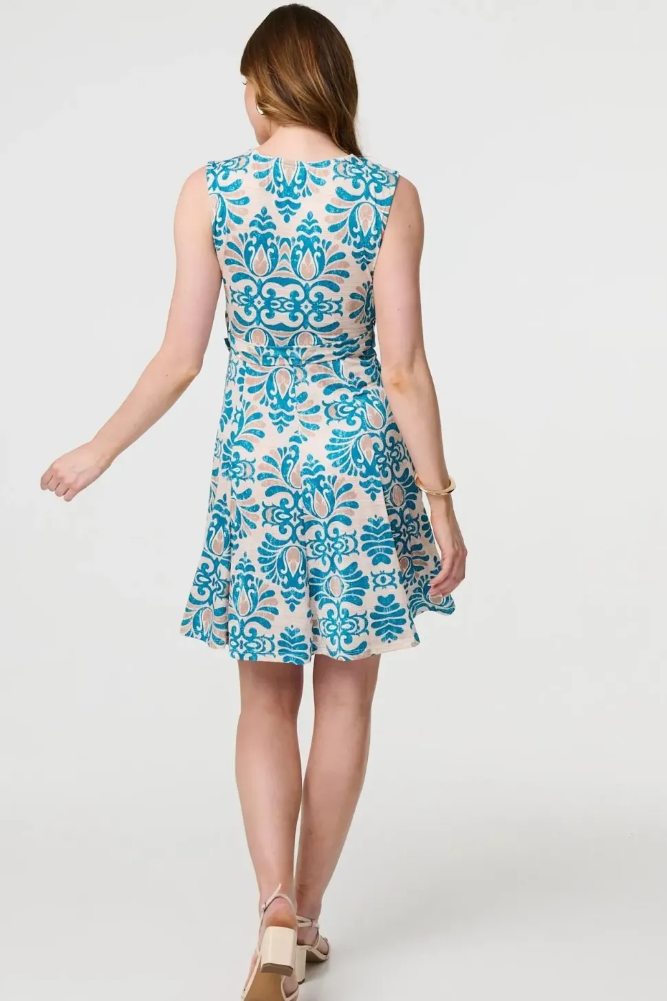 Printed Tie Waist Knee Length Skater Dress