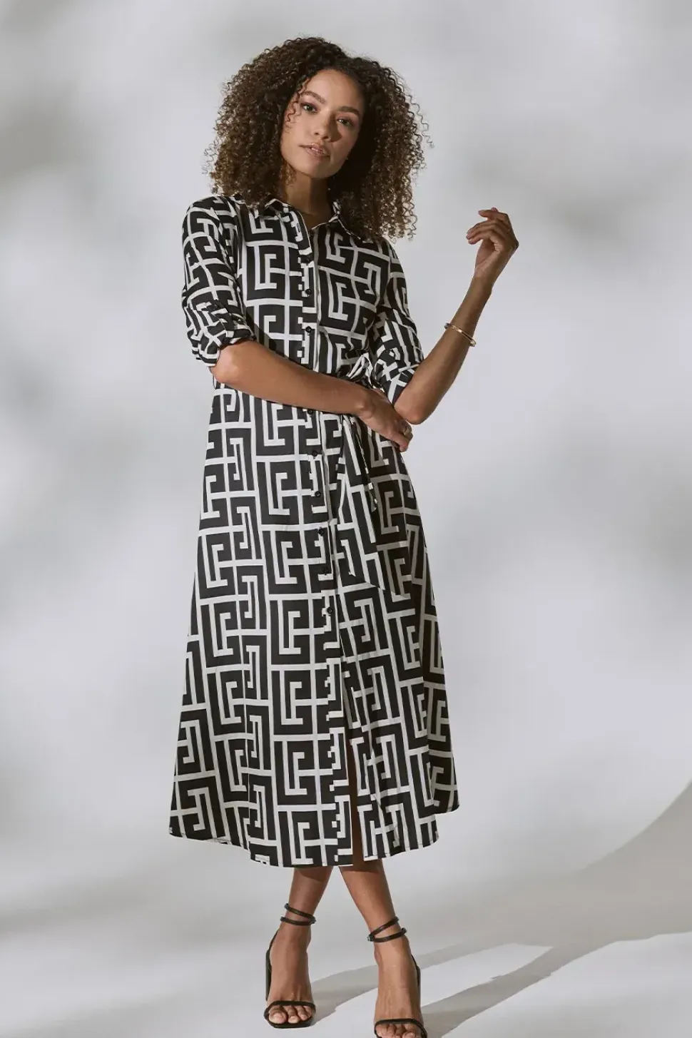 Printed Tie Waist Midi Shirt Dress