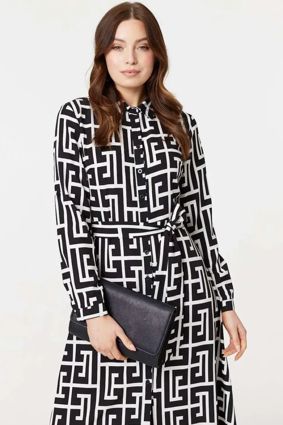Printed Tie Waist Midi Shirt Dress