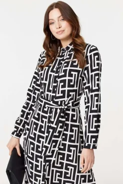 Printed Tie Waist Midi Shirt Dress
