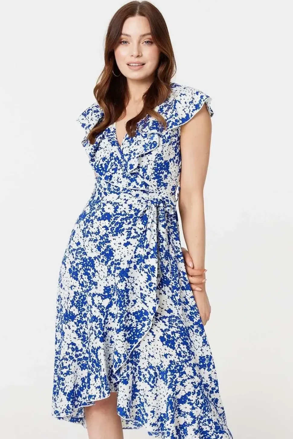 Printed Tie Waist Midi Wrap Dress