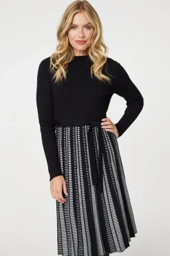 Printed Tie Waist Pleated Midi Jumper Dress