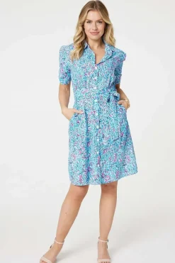 Printed Tie Waist Short Shirt Dress