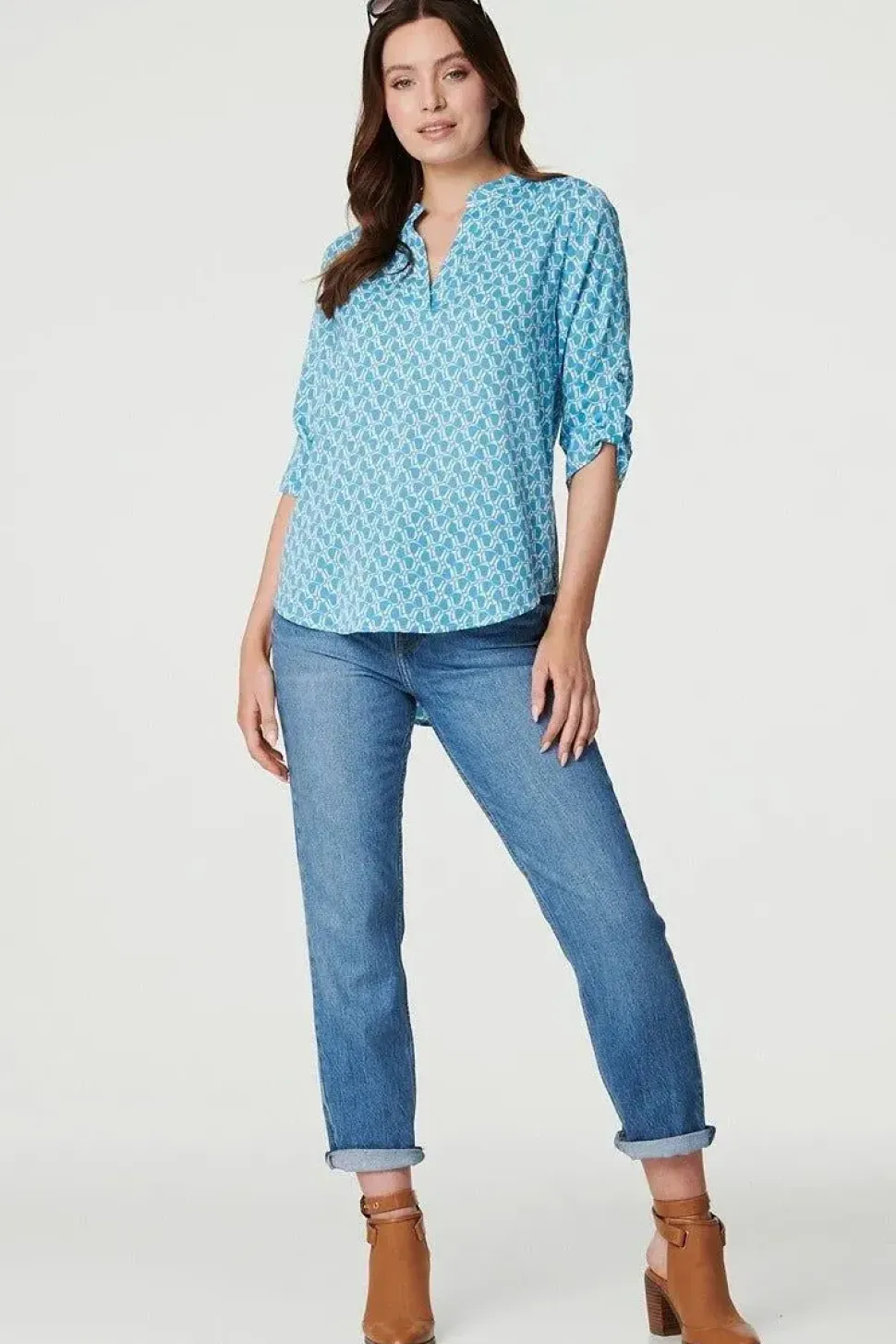 Printed 3/4 Turn-Up Sleeve Blouse