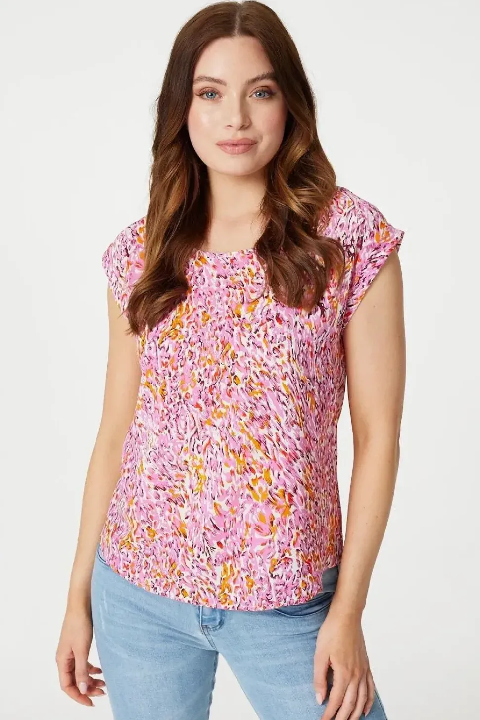 Printed Turn-Up Sleeve Blouse Top