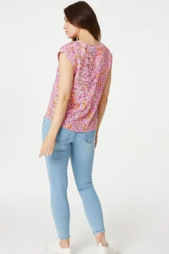 Printed Turn-Up Sleeve Blouse Top