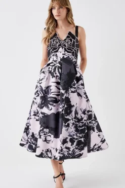 Printed Twill Midi Dress With Embroidered Flowers