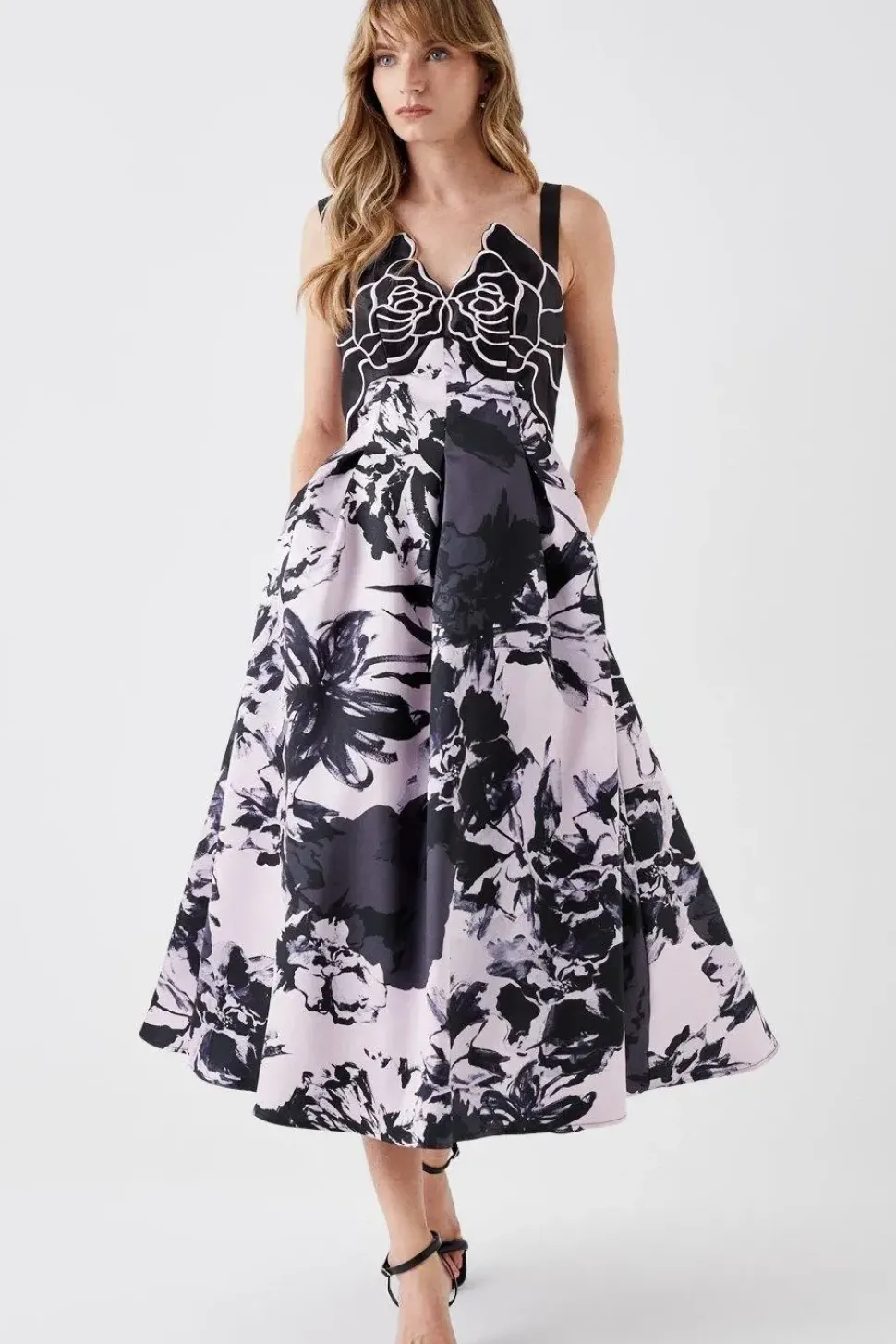 Printed Twill Midi Dress With Embroidered Flowers