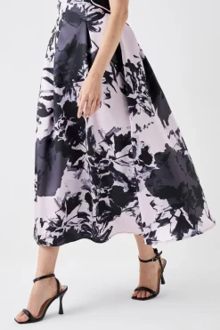Printed Twill Midi Dress With Embroidered Flowers