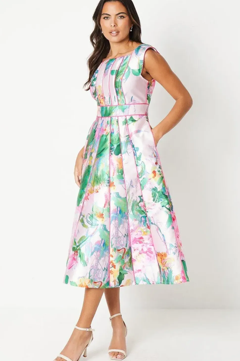 Printed Twill Seamed Midi Dress With Piping