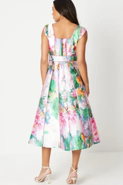 Printed Twill Seamed Midi Dress With Piping