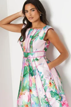Printed Twill Seamed Midi Dress With Piping