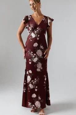 Printed V Neck Angel Sleeve Satin Bridesmaid Dress