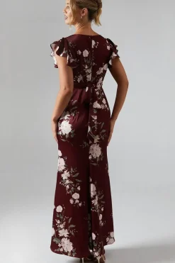 Printed V Neck Angel Sleeve Satin Bridesmaid Dress