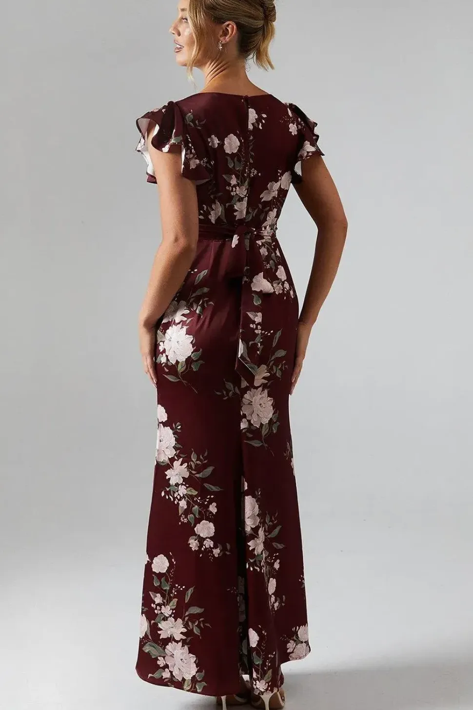 Printed V Neck Angel Sleeve Satin Bridesmaid Dress