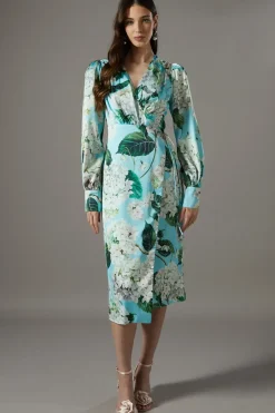 Printed Wrap Satin Midi Dress