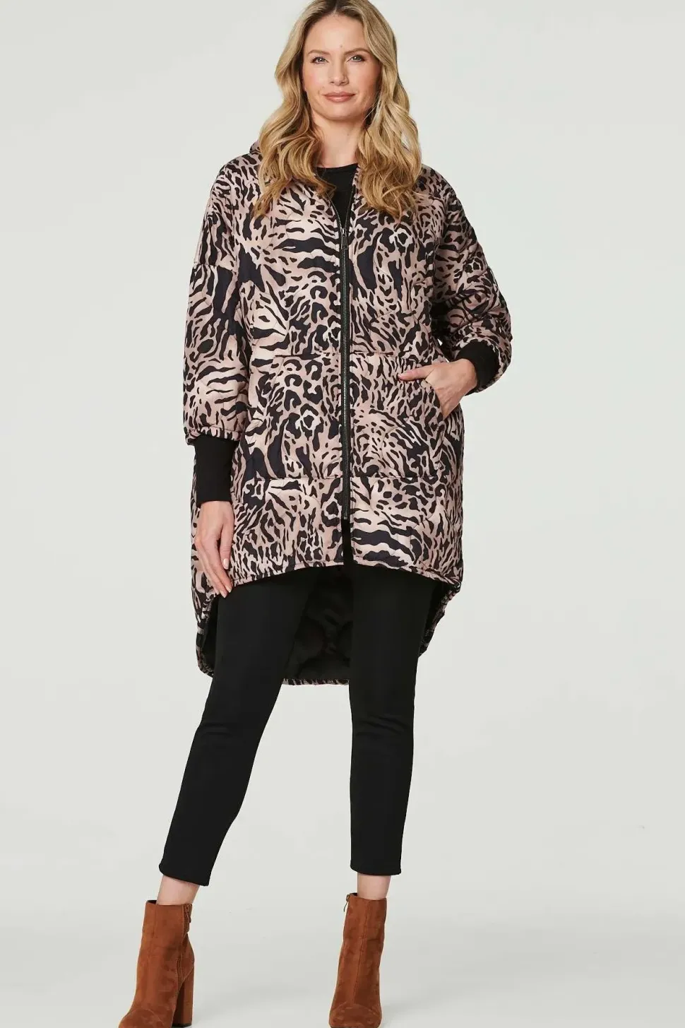 Printed Zip Front High Low Coat
