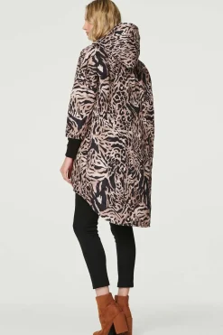 Printed Zip Front High Low Coat