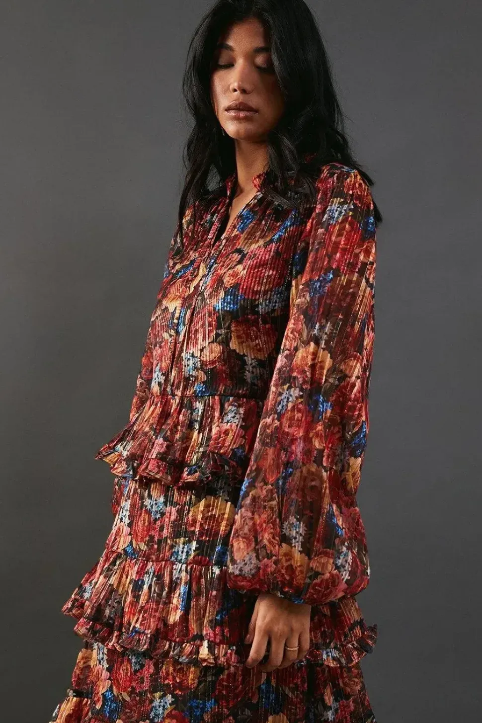 Print Metallic Chiffon Tie Neck Ruffle Skirt Midi Dress