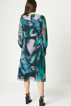 Print Ruffle Front Tie Belt Wrap Dress