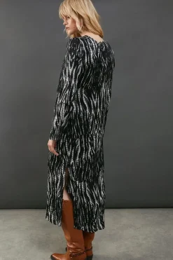 Print Satin Gathered Side Column Midi Dress